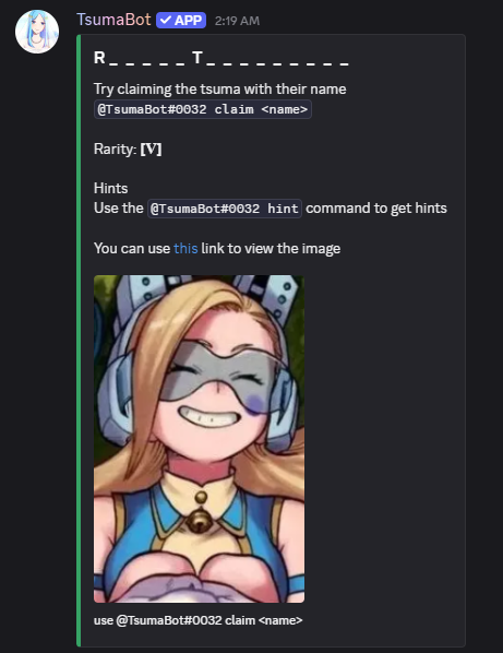 A character spawn from Tsuma Bot in Discord